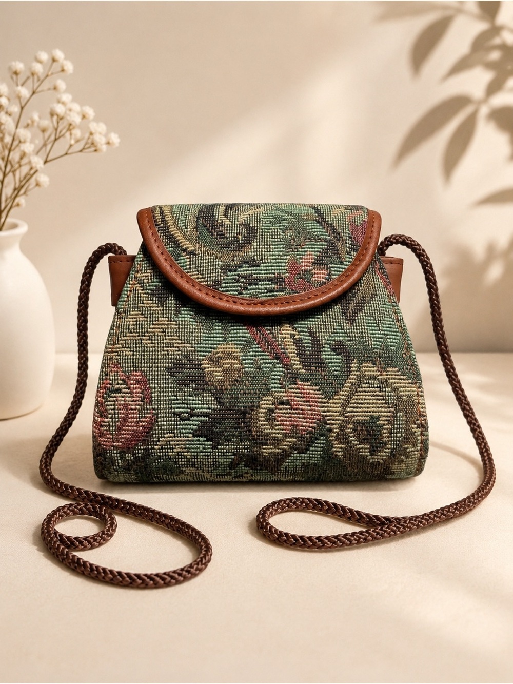 Rolfs Green Floral Tapestry Mini Crossbody with Brown Trim
